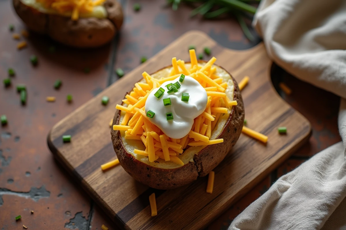 Pomme de terre au four maison coupée en deux avec crème fraîche, cheddar râpé et ciboulette sur une planche en bois rustique