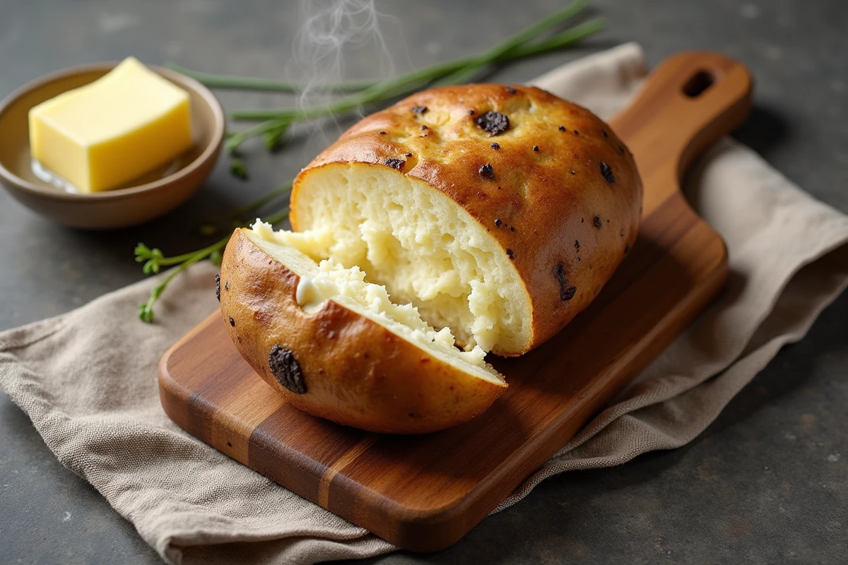 Pomme de terre au four ouverte sur une planche en bois avec beurre et ciboulette