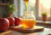 Pommeauce maison fraîche versée dans un verre sur plan de cuisine lumineux