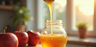 Pommeauce maison fraîche versée dans un verre sur plan de cuisine lumineux