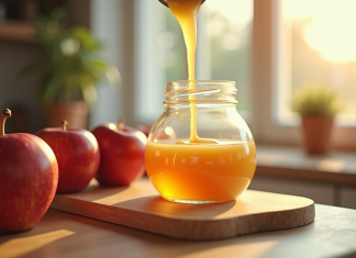 Pommeauce maison fraîche versée dans un verre sur plan de cuisine lumineux