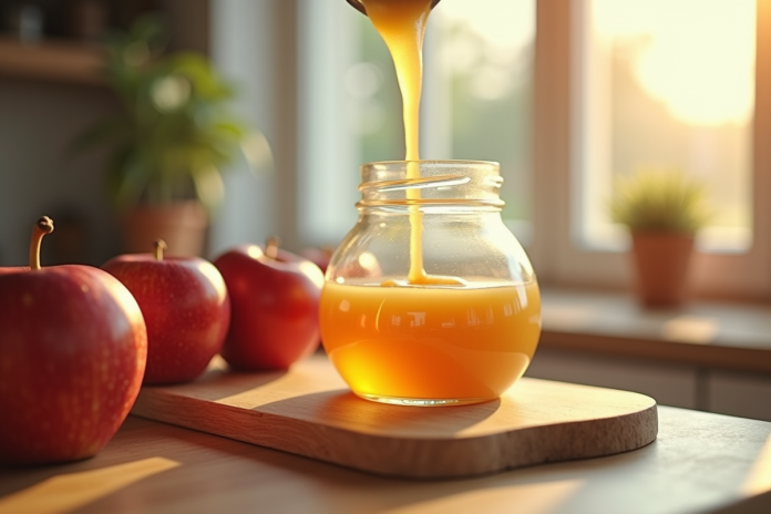 pommeauce-maison-versee-verre Pommeauce maison fraîche versée dans un verre sur plan de cuisine lumineux