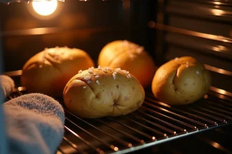 Pommes de terre au four cuisant sur une grille dans un four domestique, peaux croustillantes et salées