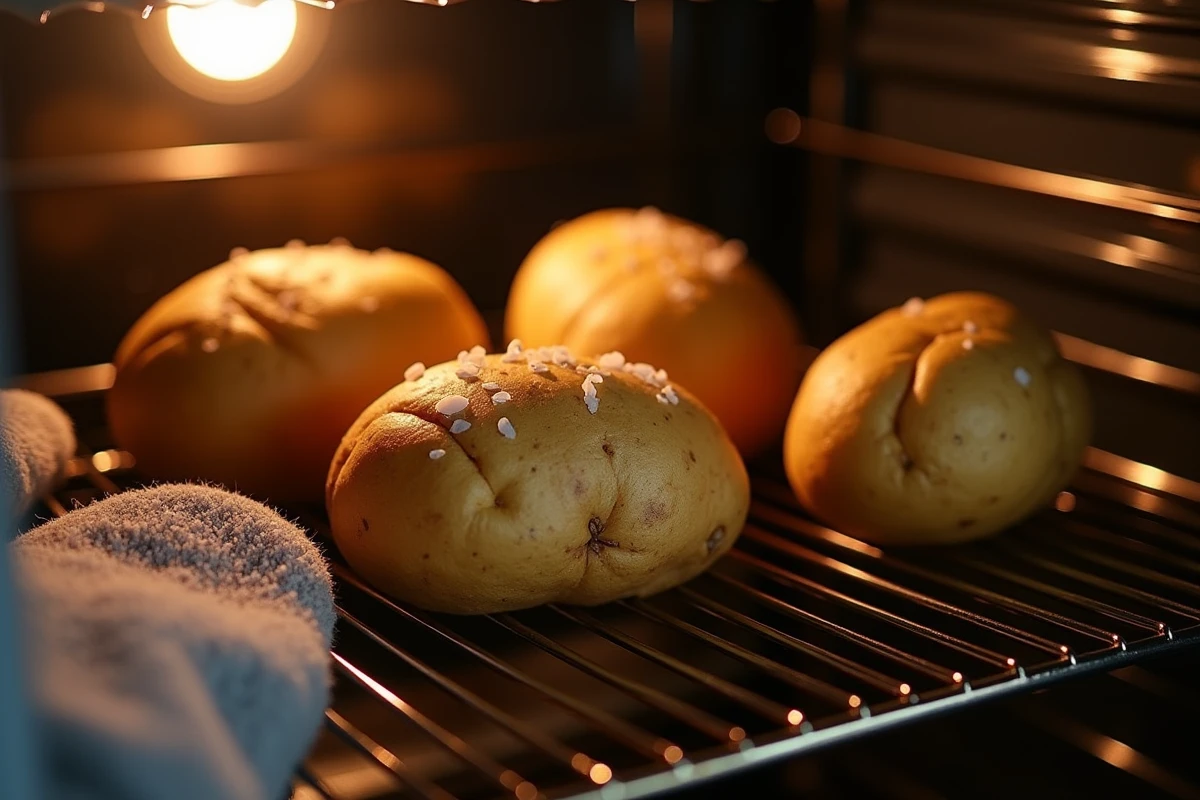 Pommes de terre au four cuisant sur une grille dans un four domestique, peaux croustillantes et salées