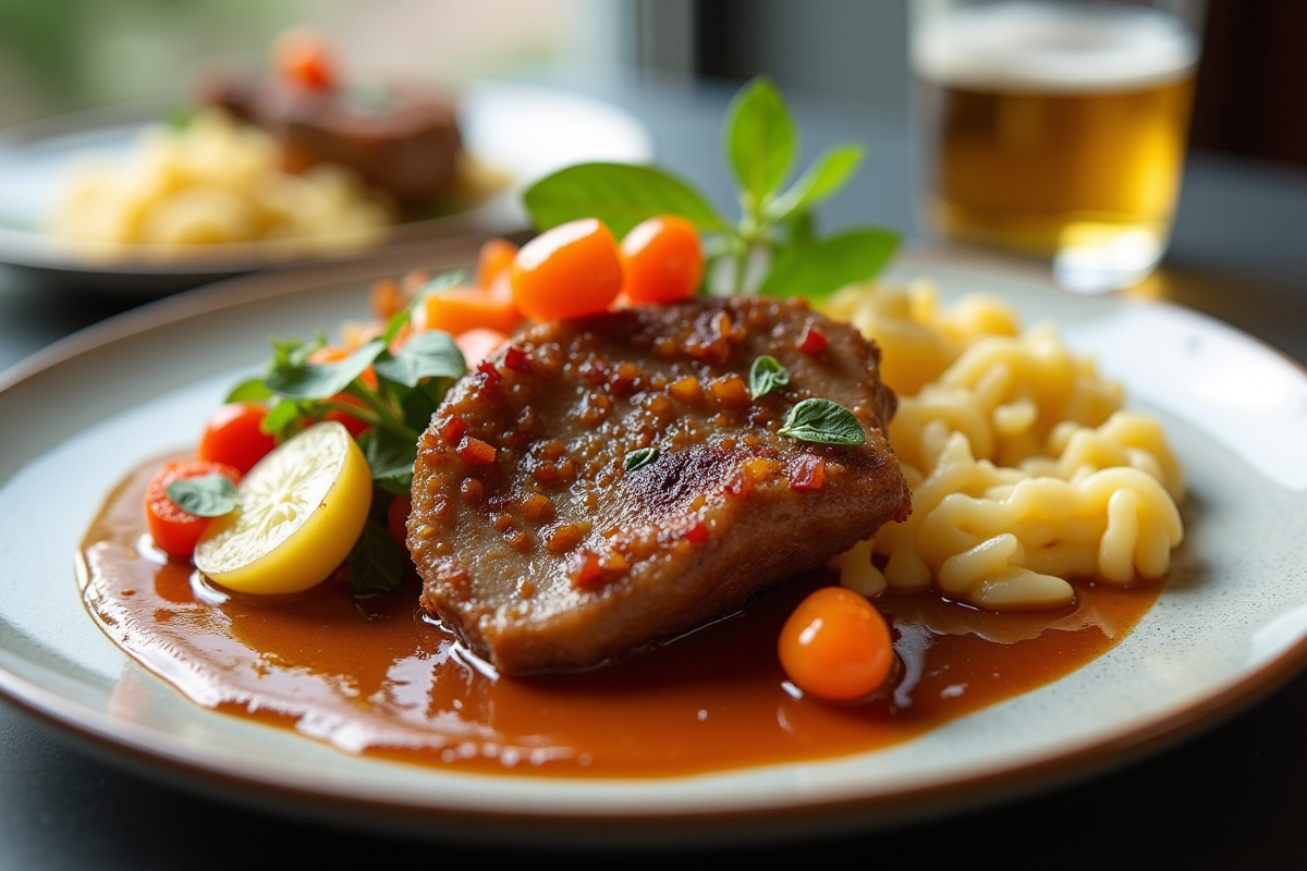 Plat de joue de porc en sauce avec légumes colorés