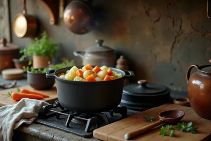 Pot-au-feu façon grand-mère mijotant dans une cocotte en fonte sur une cuisinière rustique dans une cuisine campagnarde