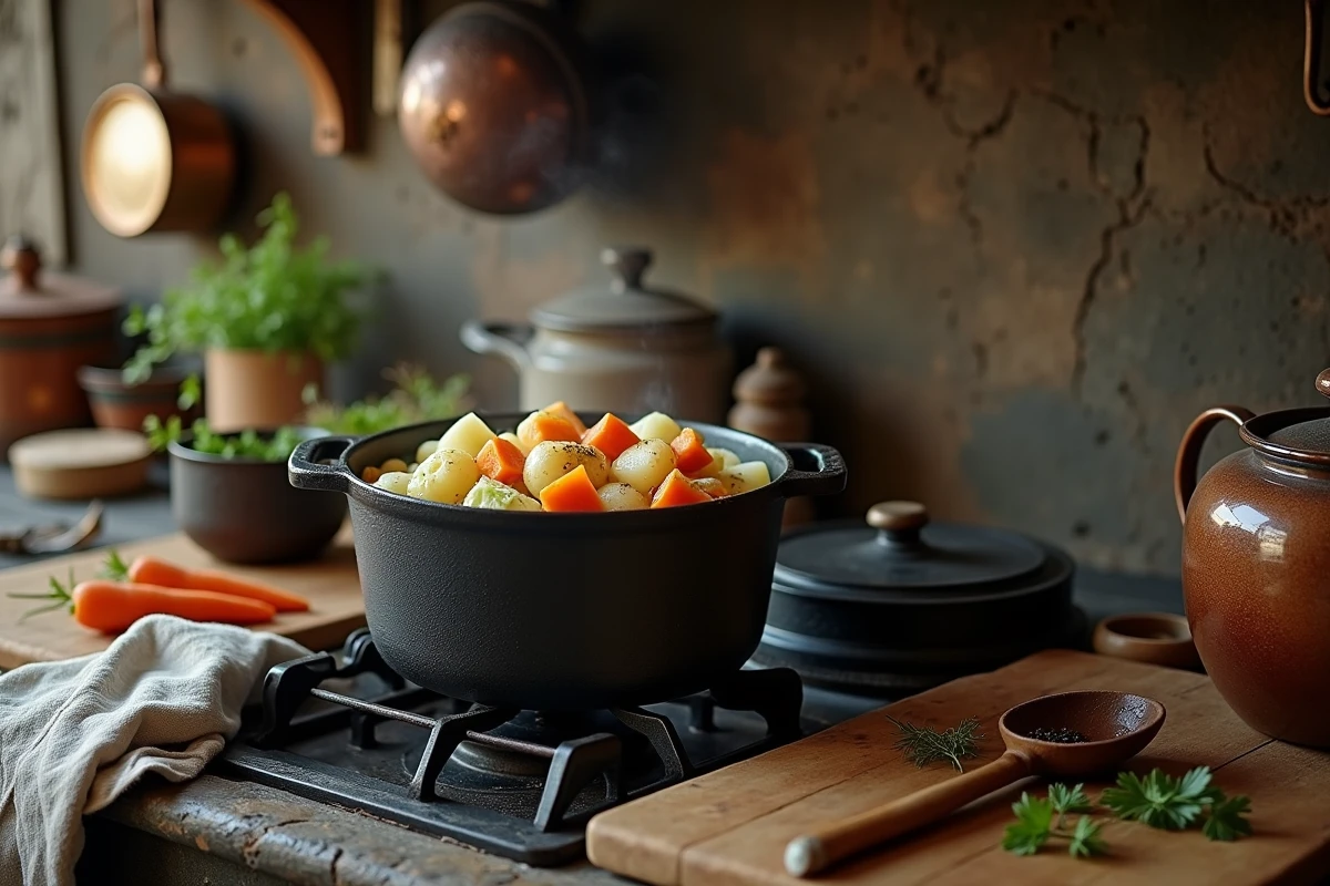 Pot-au-feu façon grand-mère mijotant dans une cocotte en fonte sur une cuisinière rustique dans une cuisine campagnarde