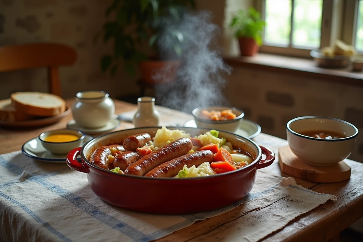 Plat de potée paysanne servie dans un plat en céramique rustique sur une table en bois avec pain de campagne et moutarde