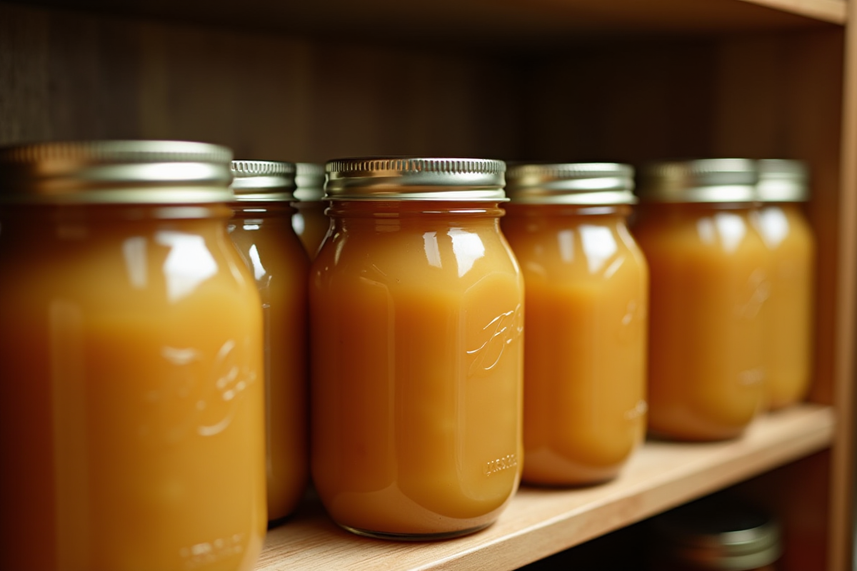 Plusieurs pots de pommeauce maison rangés sur une étagère de cuisine