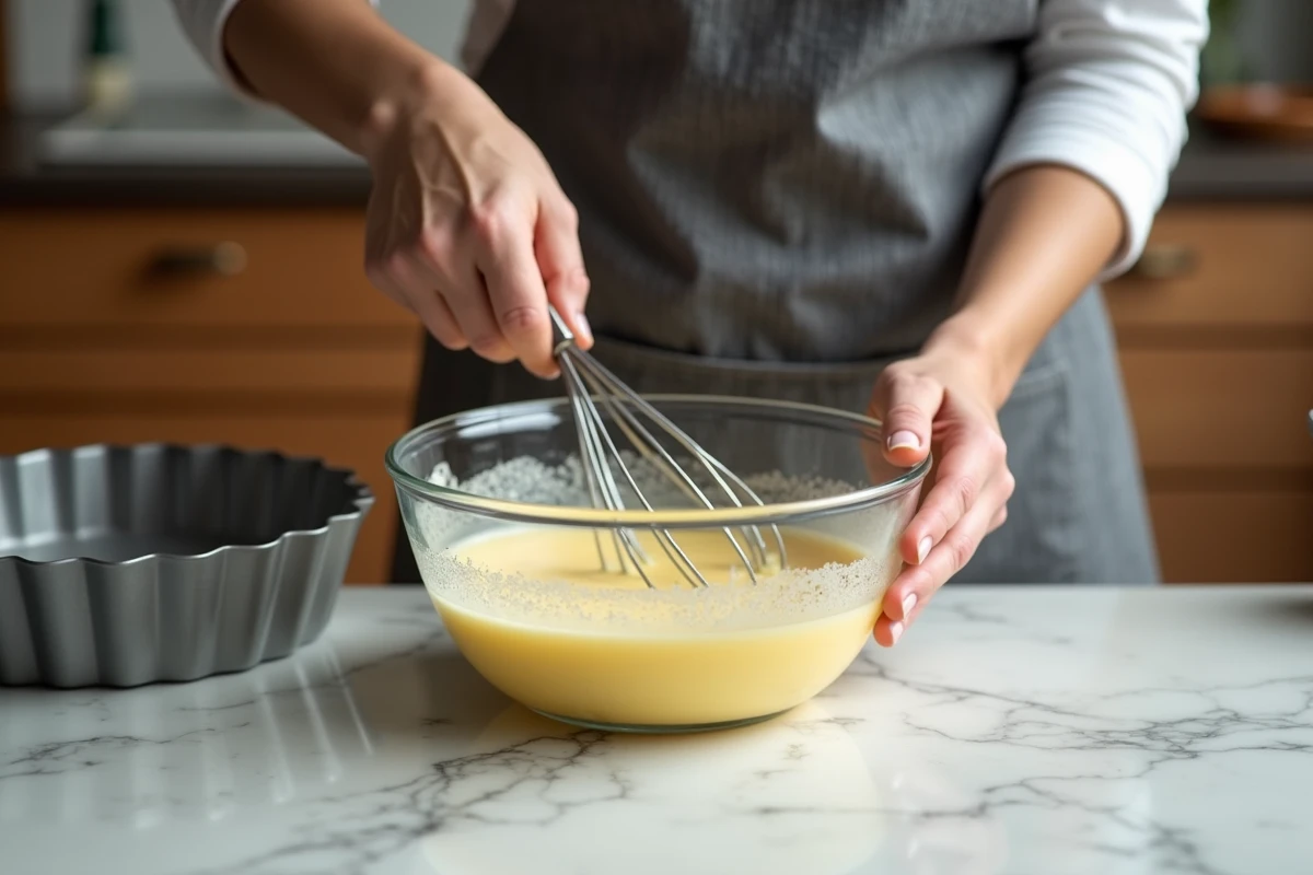 Cuisinier préparant l'appareil à quiche lorraine avec un mélange trop battu et mousseux dans un bol en verre