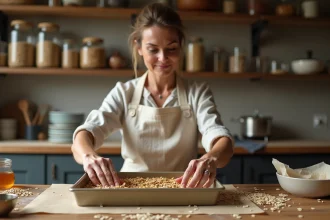 Femme qui presse des barres de céréales maison aux flocons d'avoine dans un moule rectangulaire sur un plan de travail en bois rustique