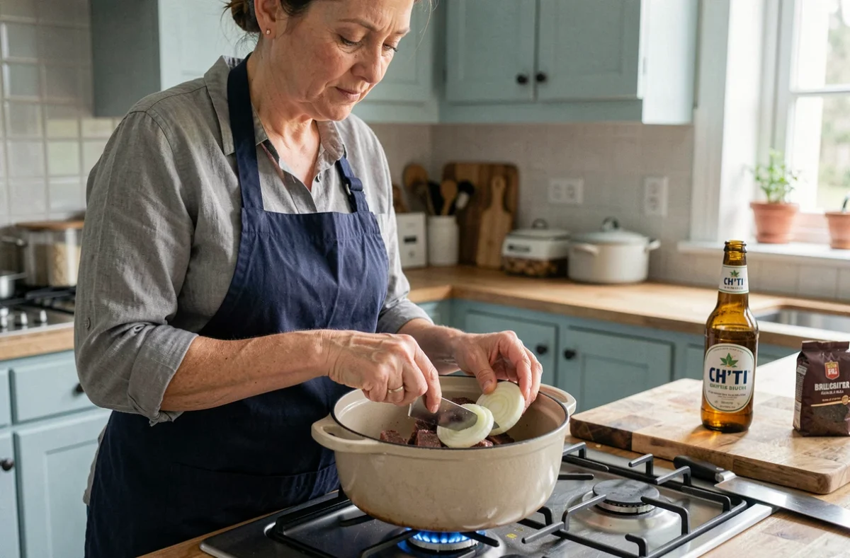 Femme préparant une carbonnade flamande ch'ti en cuisine, ajoutant des oignons et du bœuf dans une cocotte sur la gazinière