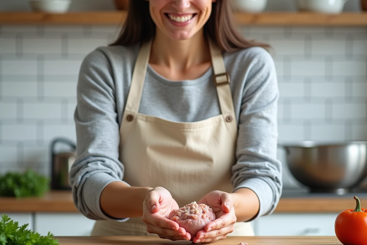 Femme préparant des crépinettes de porc et dinde à la maison, recette facile et saine pour les enfants