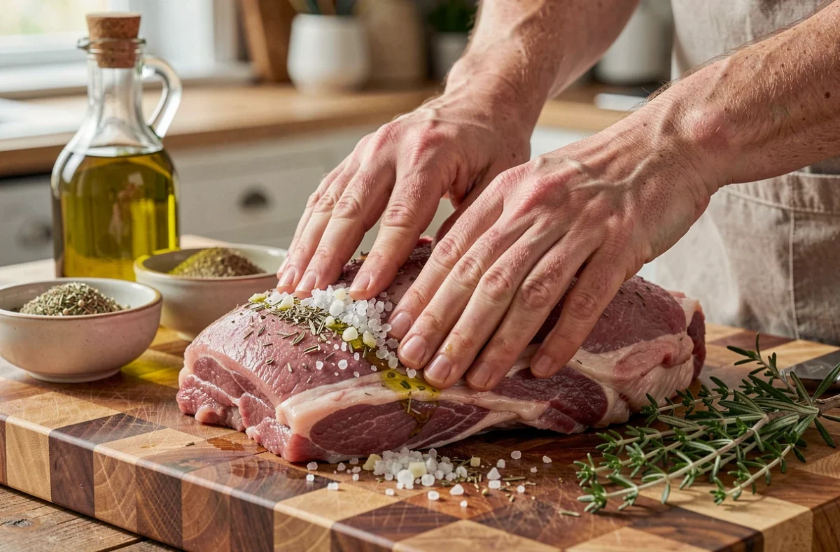 Mains d'un cuisinier en train d'assaisonner une épaule d'agneau crue avec du sel, de l'ail et des herbes sur un plan de travail en bois