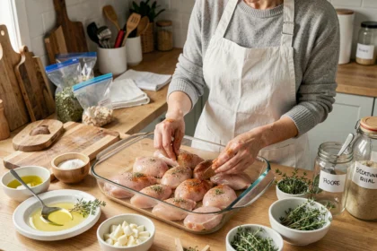 Femme préparant des escalopes de poulet marinées dans un plat en verre pour la cuisson au four, organisation meal prep hebdomadaire