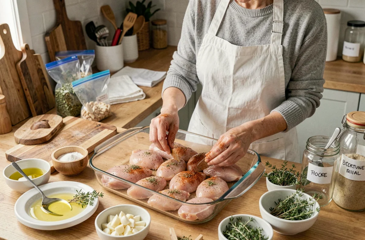 Femme préparant des escalopes de poulet marinées dans un plat en verre pour la cuisson au four, organisation meal prep hebdomadaire