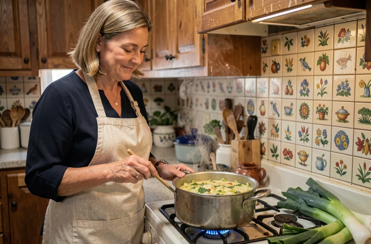 Femme préparant une fondue de poireaux maison sur une cuisinière à gaz vintage dans une cuisine traditionnelle