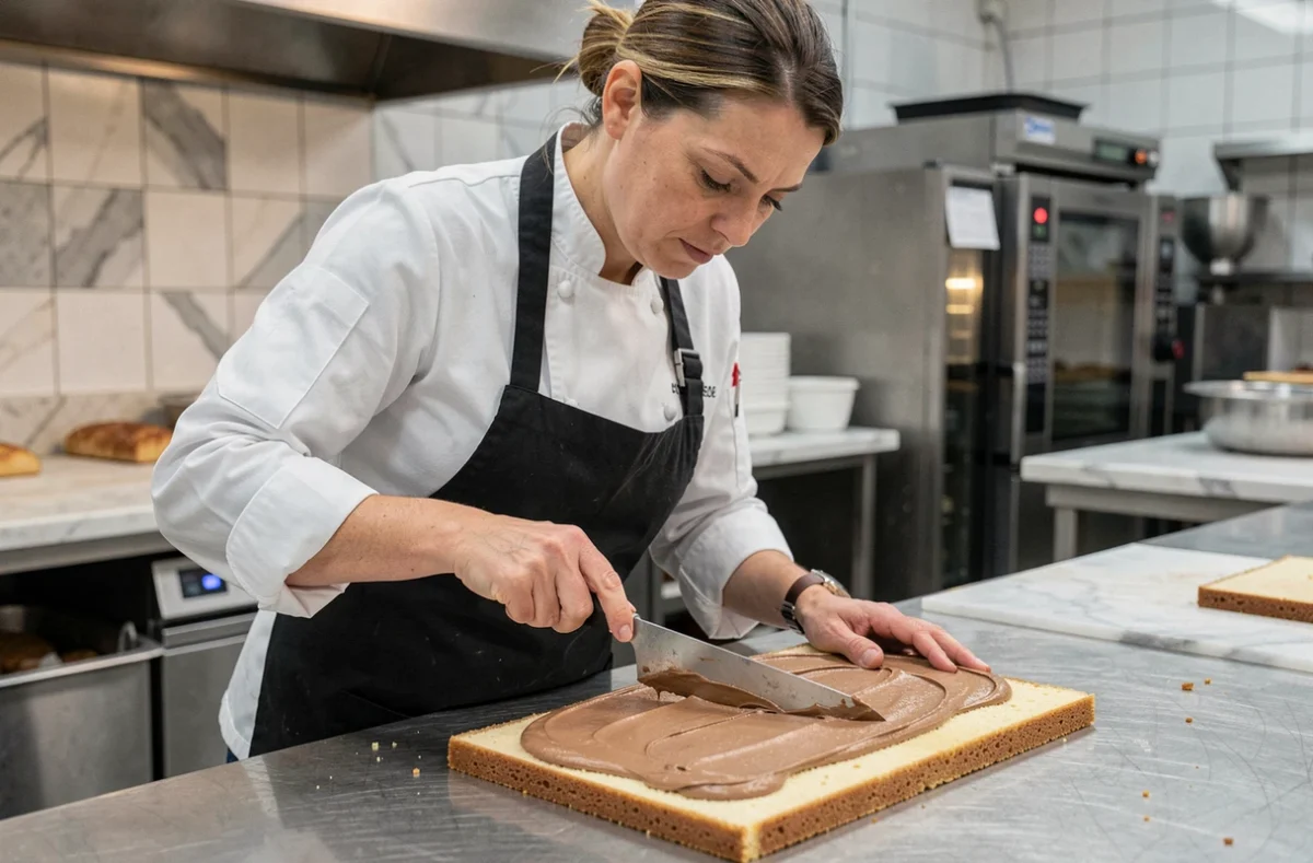 Cheffe pâtissière étalant la crème au beurre café sur le biscuit Joconde pour la réalisation d'un gâteau Opéra maison