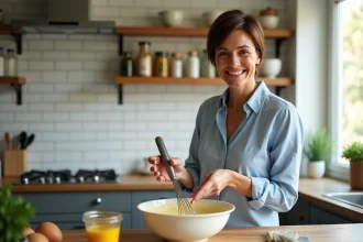 Femme préparant mayonnaise maison dans la cuisine lumineuse