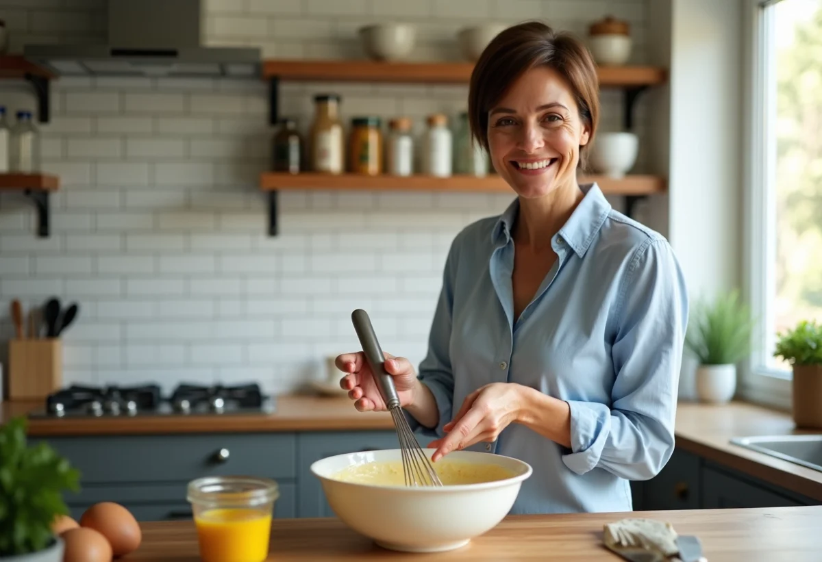 Femme préparant mayonnaise maison dans la cuisine lumineuse