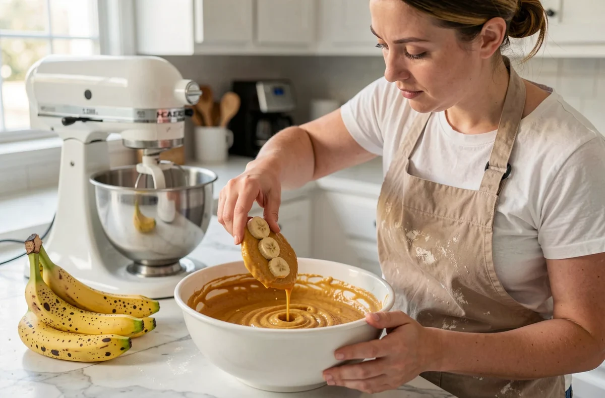 Femme en tablier trempant des rondelles de banane dans une pâte à beignets épaisse sur un plan de travail en marbre dans une cuisine maison