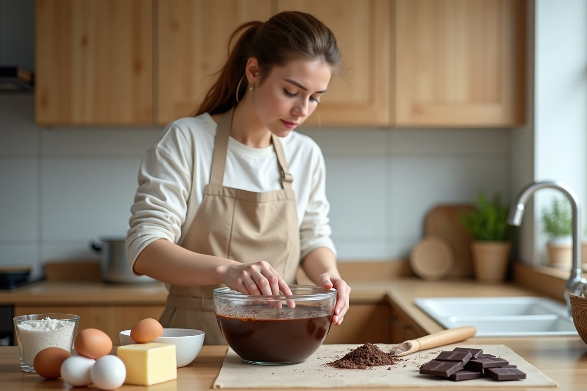 Femme préparant la pâte à fondant au chocolat dans une cuisine maison avec ingrédients disposés sur le plan de travail
