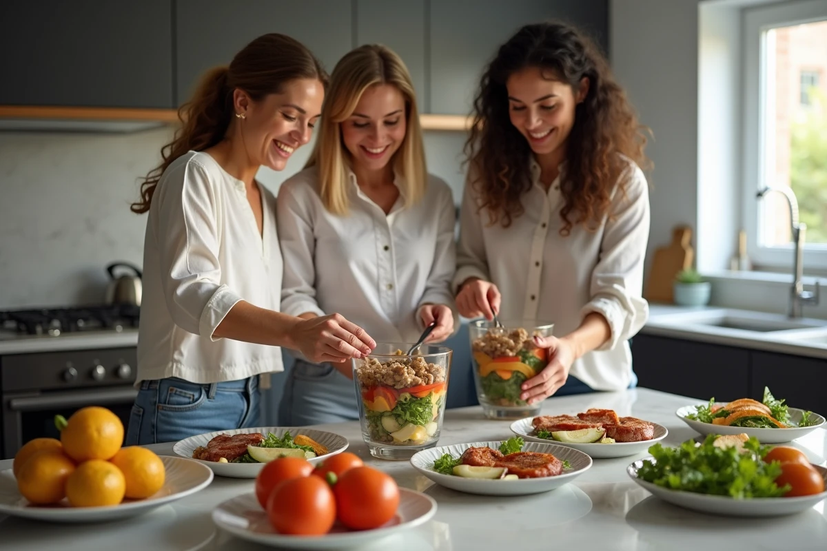 Trois personnes préparent des plats dans une cuisine moderne lumineuse
