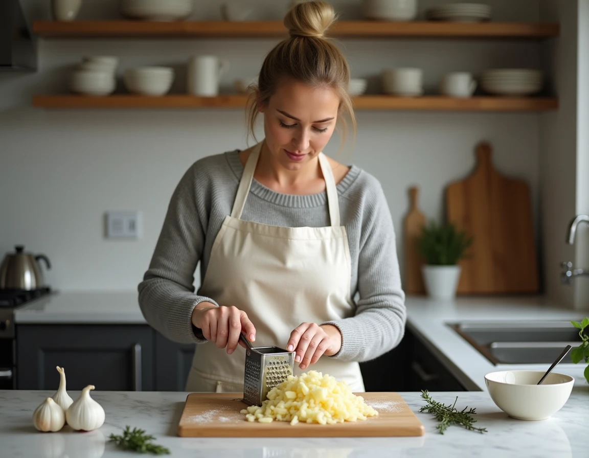Femme préparant un râpé de pommes de terre maison en râpant des pommes de terre fraîches dans une cuisine
