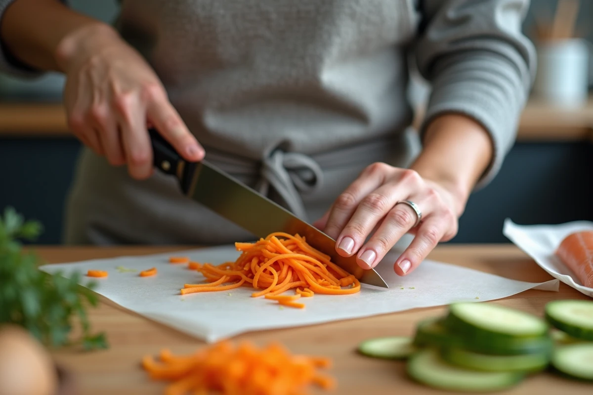 Femme préparant un filet de julienne avec des légumes juliennés dans une cuisine moderne, recette saine faite maison