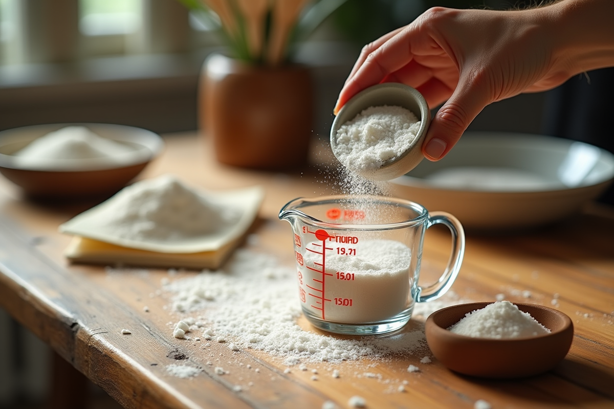 Main versant du sucre dans un verre doseur en lumière naturelle