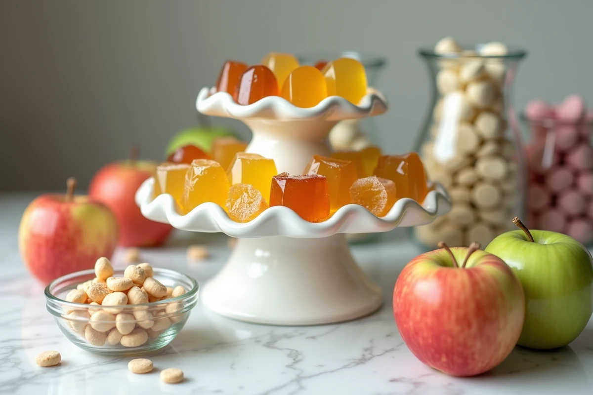 Présentation élégante de pâtes de fruit à la pomme sur un présentoir en céramique avec décoration vintage sur marbre