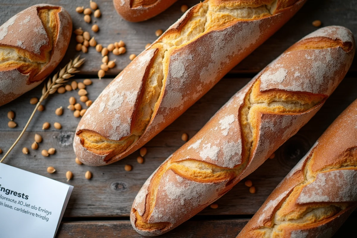 Vue de dessus de baguettes fraîches avec étiquette de prix, grains de blé et facture d'énergie sur un comptoir en bois de boulangerie