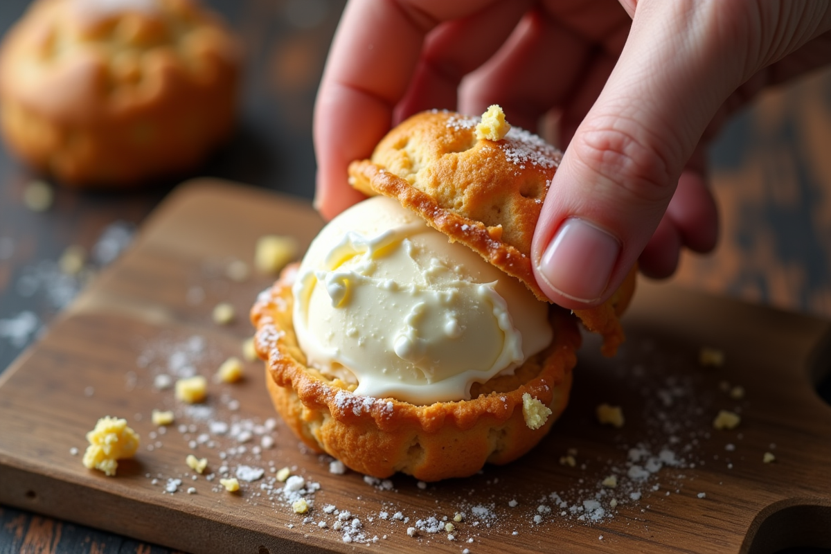 Main cassant un profiterole avec glace à la vanille à l