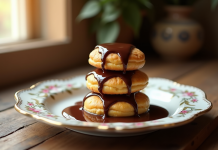 Profiteroles en pile avec sauce chocolat fondue sur une assiette ancienne
