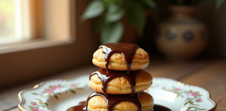 Profiteroles en pile avec sauce chocolat fondue sur une assiette ancienne