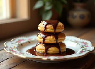 Profiteroles en pile avec sauce chocolat fondue sur une assiette ancienne