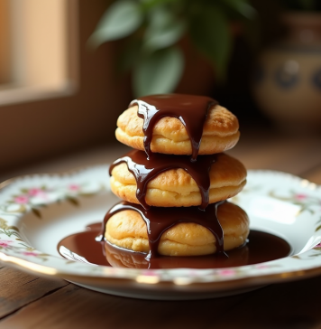 Profiteroles en pile avec sauce chocolat fondue sur une assiette ancienne