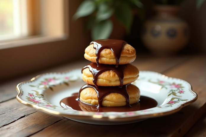 Profiteroles en pile avec sauce chocolat fondue sur une assiette ancienne