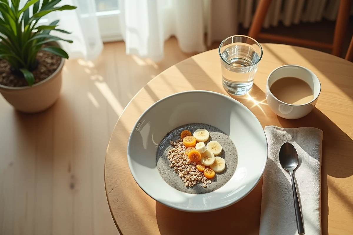 Bol de pudding de graines de chia avec banane et flocons d'avoine, petit-déjeuner doux adapté aux estomacs sensibles