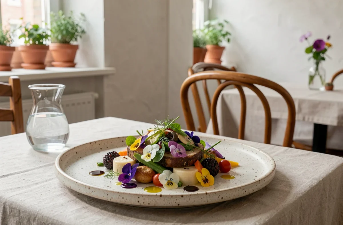 Assiette végétale colorée et artistiquement dressée au restaurant Pulpe à Lille, cadre romantique et minimaliste pour un dîner en amoureux.