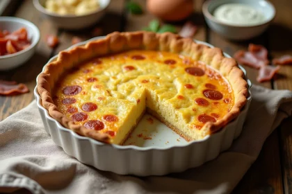 Quiche lorraine avec une texture ratée et surface craquelée dans un plat en céramique sur table en bois rustique
