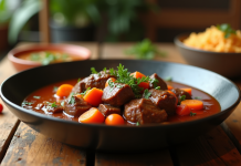 Ragoût de boeuf et carottes présenté sur une table en bois