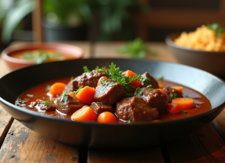 Ragoût de boeuf et carottes présenté sur une table en bois