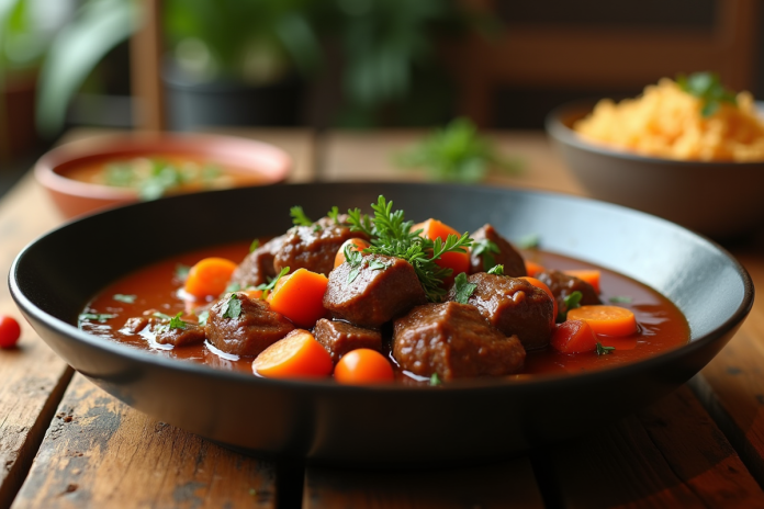 ragot-boeuf-carottes-rustique Ragoût de boeuf et carottes présenté sur une table en bois