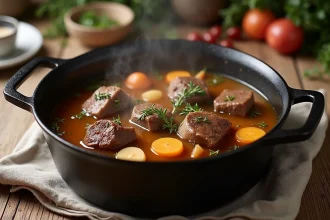 Ragoût d'agneau à l'ancienne mijoté dans une cocotte en fonte sur une table en bois rustique avec légumes et thym frais