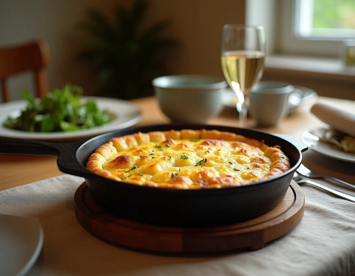 Râpé de pommes de terre doré dans une poêle en fonte au centre d'une table de dîner végétarien conviviale