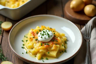 Râpé de pommes de terre végétarien servi sur une assiette rustique avec crème fraîche et ciboulette