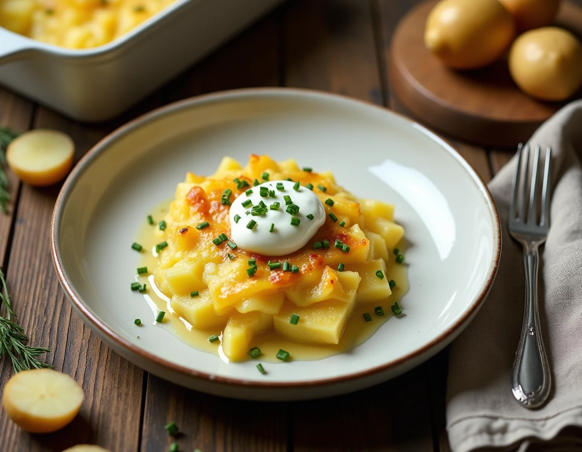 Râpé de pommes de terre végétarien servi sur une assiette rustique avec crème fraîche et ciboulette