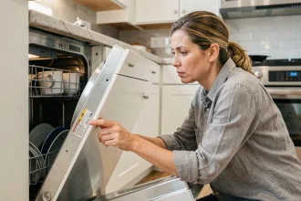 Femme cherchant la référence sur la plaque signalétique d'un lave-vaisselle Valberg ouvert dans une cuisine moderne