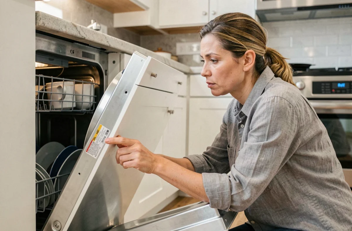 Femme cherchant la référence sur la plaque signalétique d'un lave-vaisselle Valberg ouvert dans une cuisine moderne